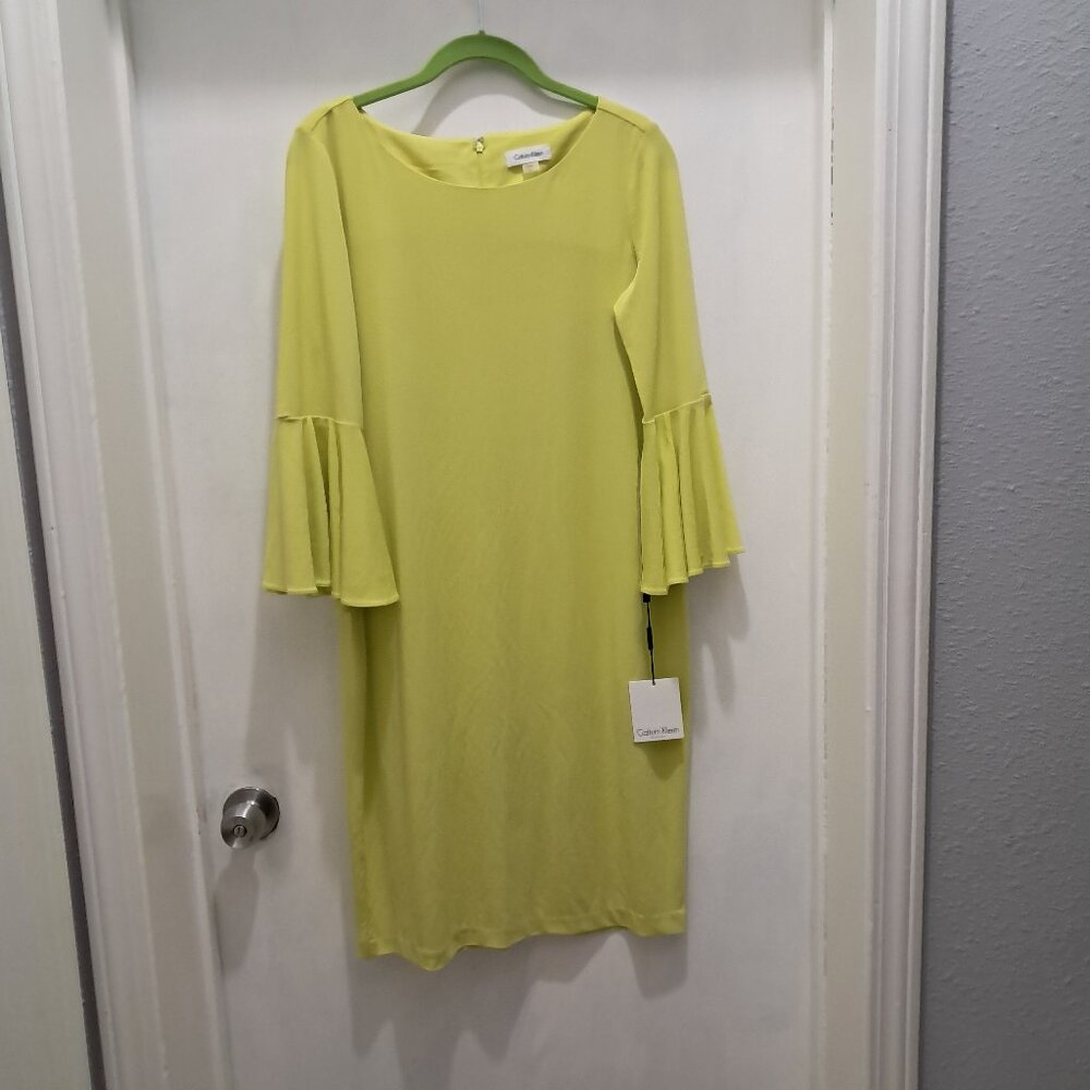 NWT Calvin Klein | Chartreuse Bell Sleeve Scuba Crepe Sheath Dress | 12